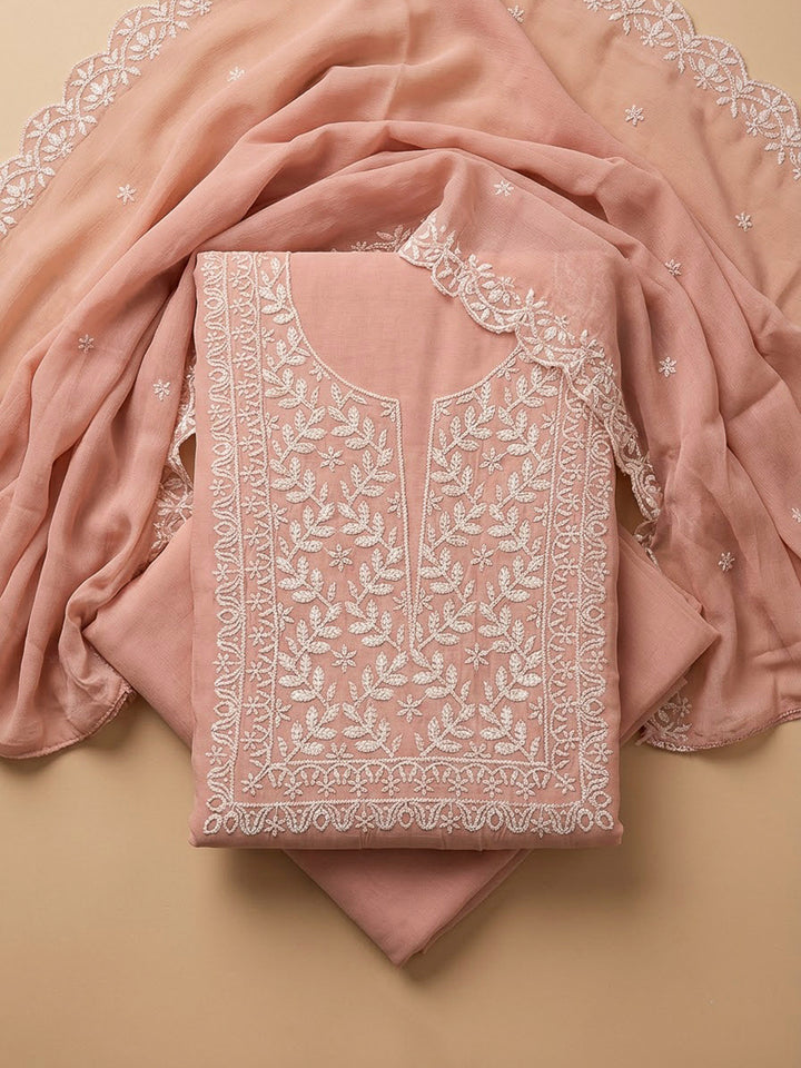 Peach Chanderi Embroidered Unstitched Dress Material