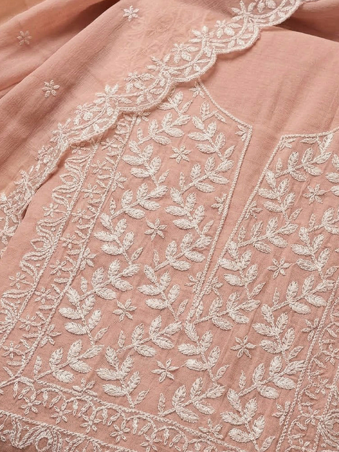 Peach Chanderi Embroidered Unstitched Dress Material