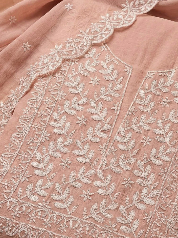 Peach Chanderi Embroidered Unstitched Dress Material