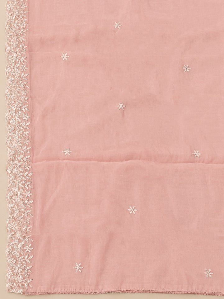 Peach Chanderi Embroidered Unstitched Dress Material