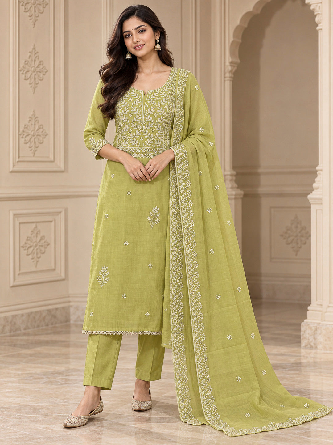 Pista Green Chanderi Embroidered Unstitched Dress Material