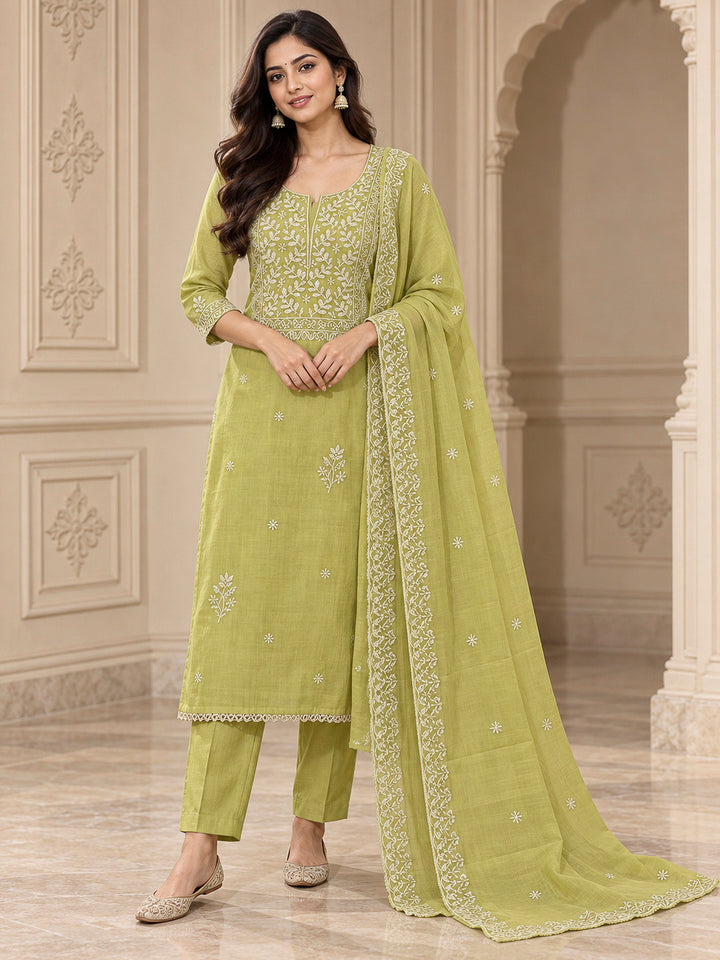 Pista Green Chanderi Embroidered Unstitched Dress Material