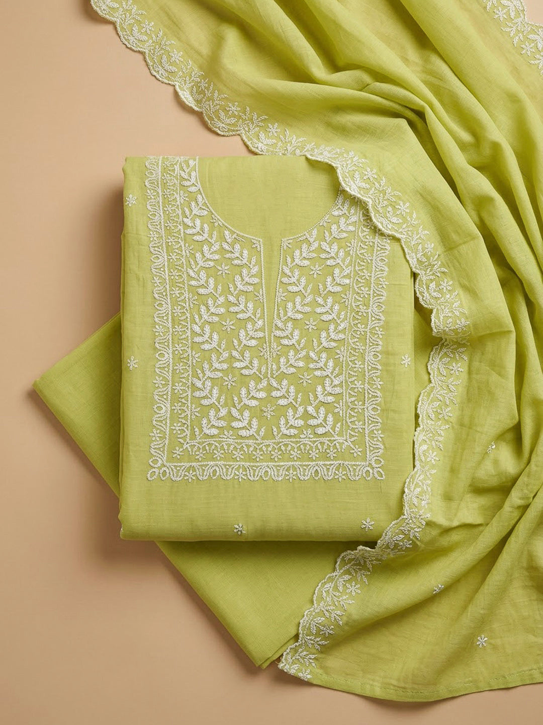 Pista Green Chanderi Embroidered Unstitched Dress Material