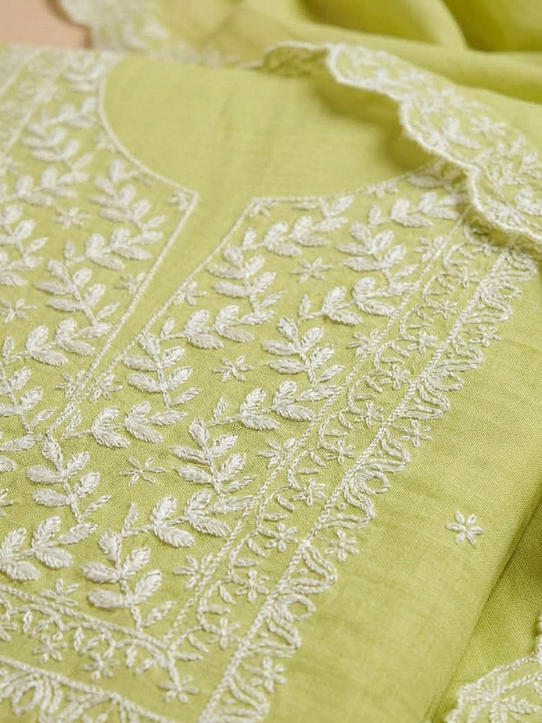 Pista Green Chanderi Embroidered Unstitched Dress Material