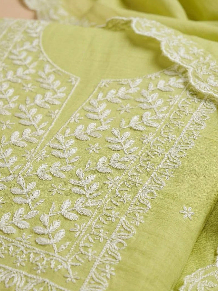 Pista Green Chanderi Embroidered Unstitched Dress Material