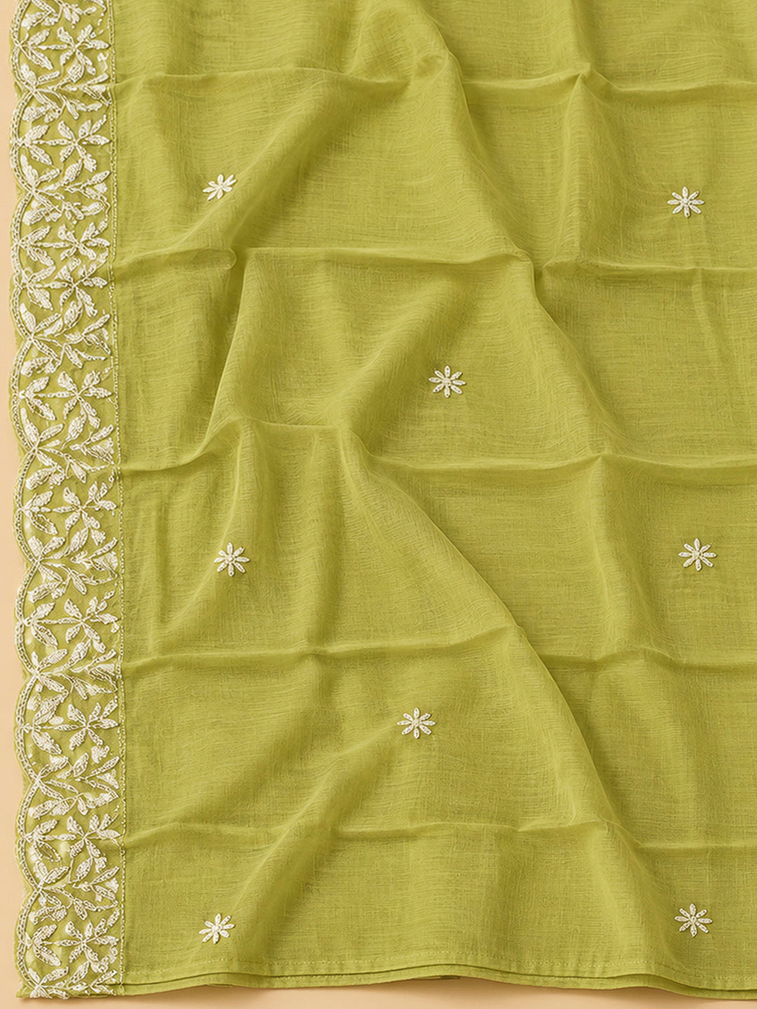 Pista Green Chanderi Embroidered Unstitched Dress Material