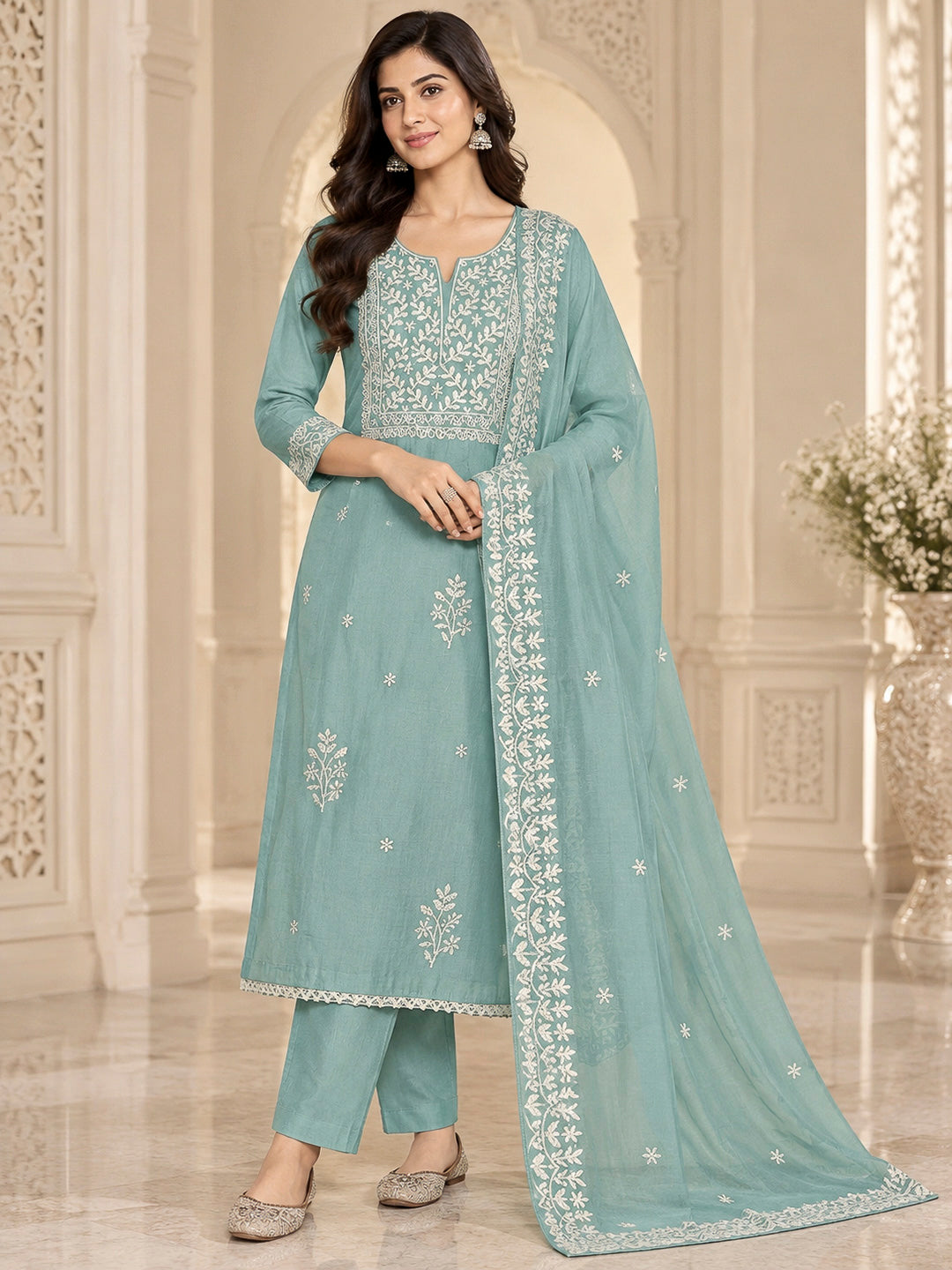 Sea Green Chanderi Embroidered Unstitched Dress Material