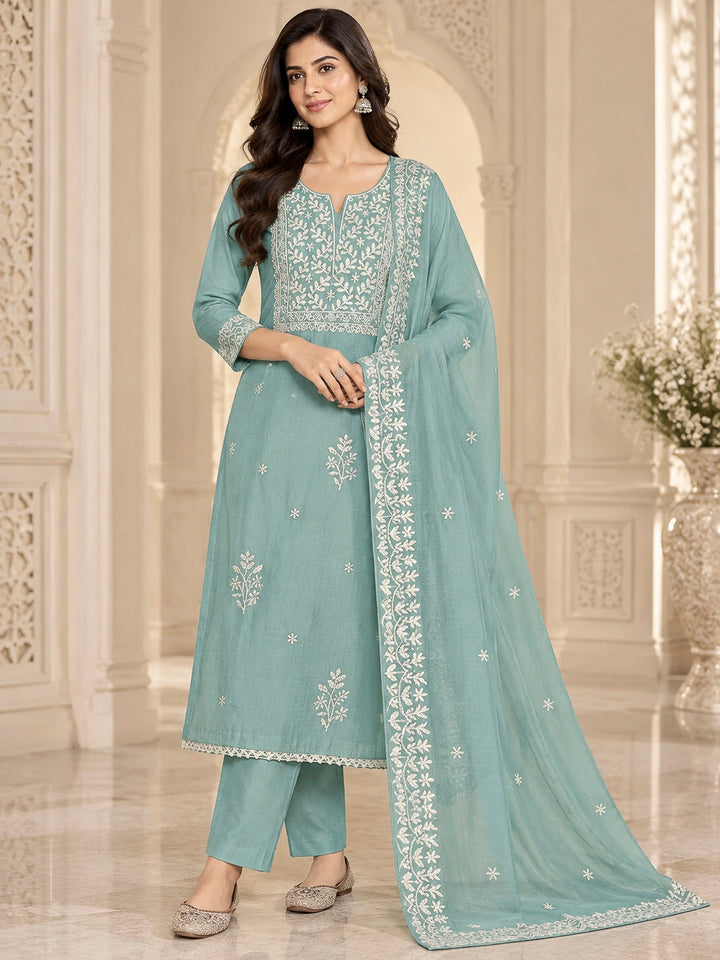 Sea Green Chanderi Embroidered Unstitched Dress Material