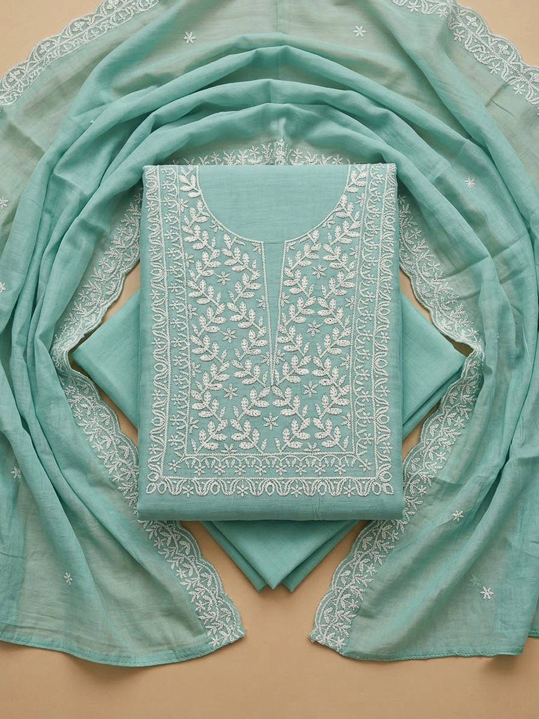 Sea Green Chanderi Embroidered Unstitched Dress Material