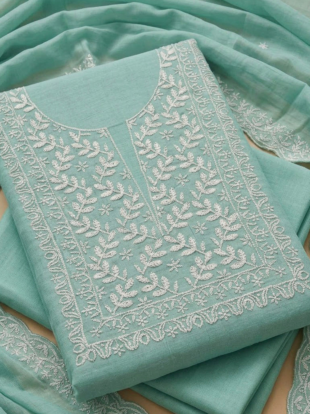 Sea Green Chanderi Embroidered Unstitched Dress Material