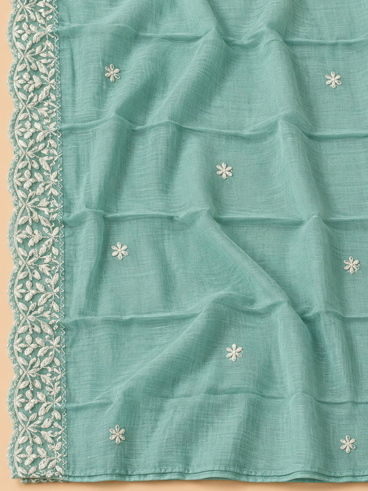 Sea Green Chanderi Embroidered Unstitched Dress Material