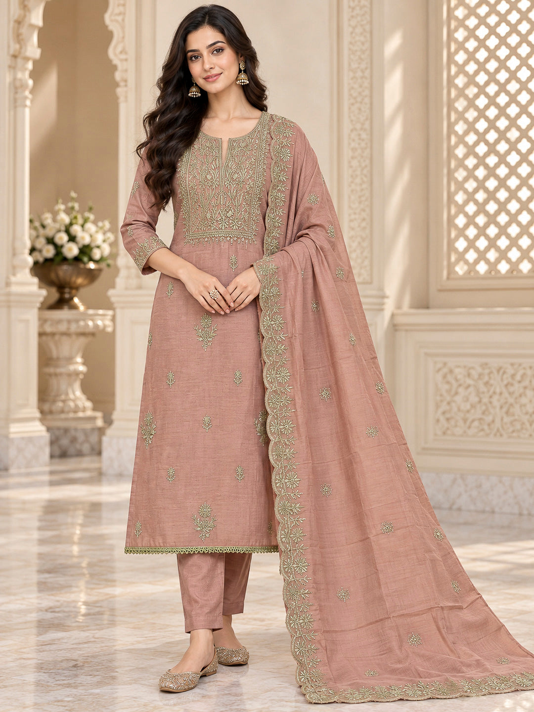 Peach Chanderi Embroidered Unstitched Dress Material