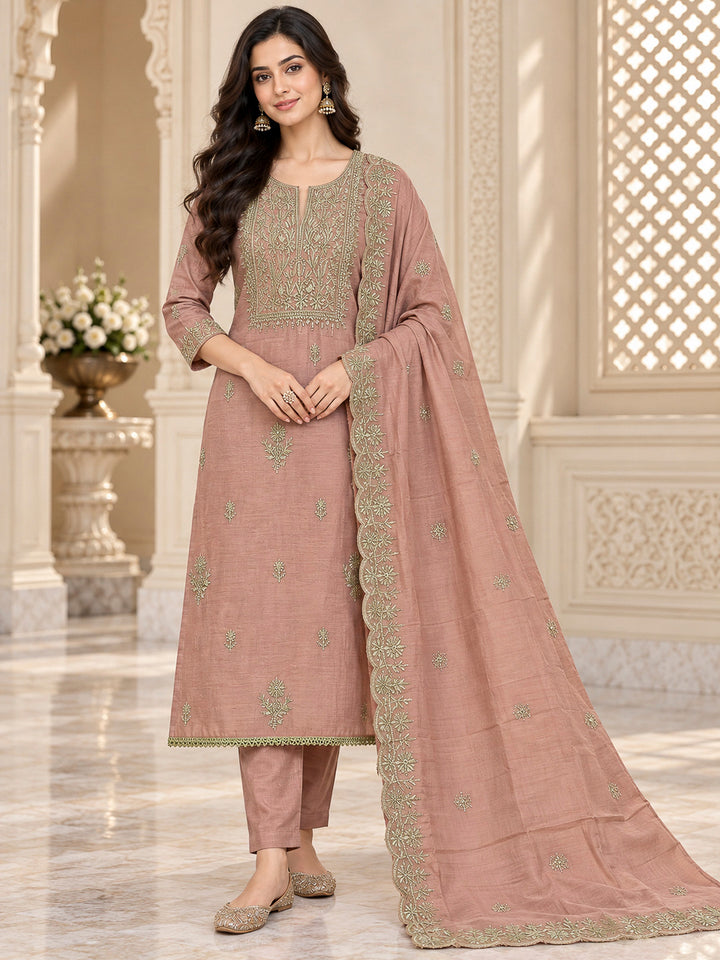 Peach Chanderi Embroidered Unstitched Dress Material