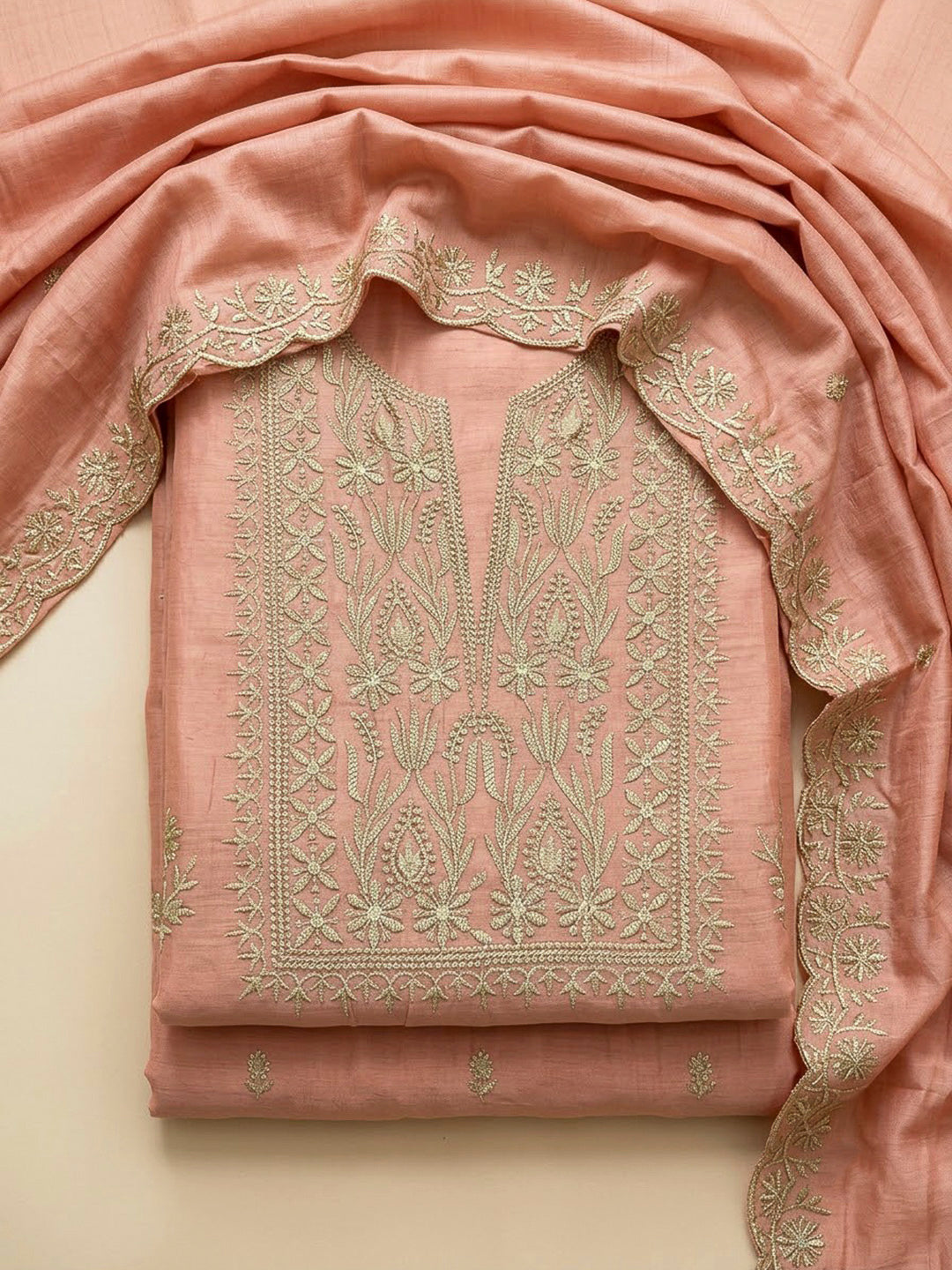 Peach Chanderi Embroidered Unstitched Dress Material