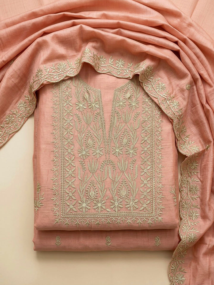 Peach Chanderi Embroidered Unstitched Dress Material