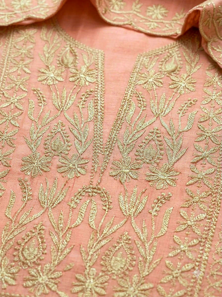 Peach Chanderi Embroidered Unstitched Dress Material
