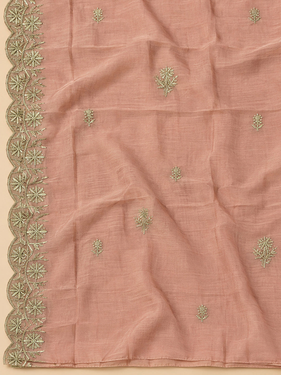 Peach Chanderi Embroidered Unstitched Dress Material