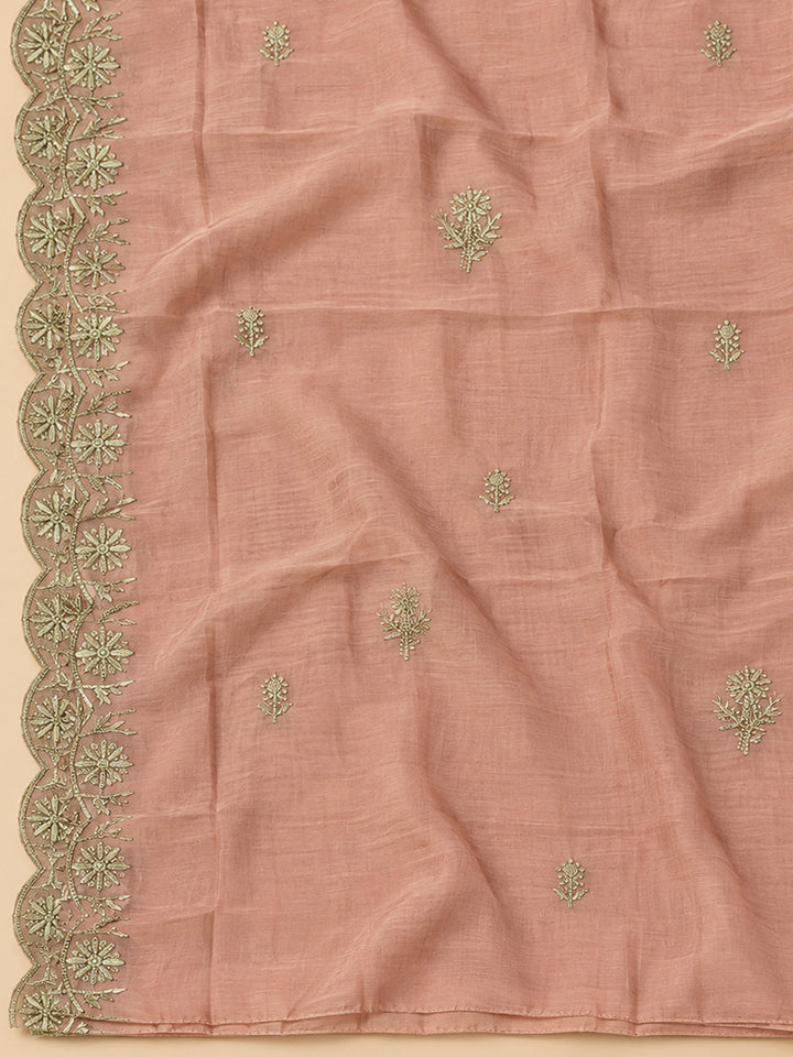 Peach Chanderi Embroidered Unstitched Dress Material