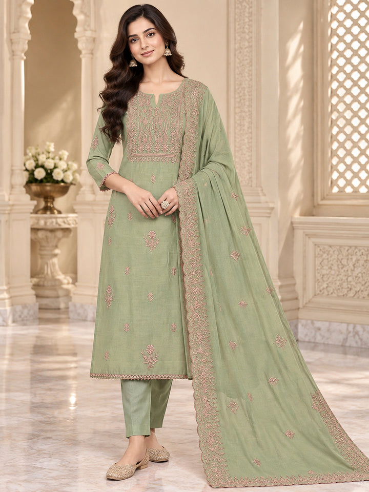 Pista Green Chanderi Embroidered Unstitched Dress Material