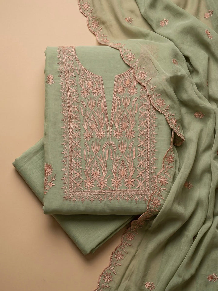 Pista Green Chanderi Embroidered Unstitched Dress Material
