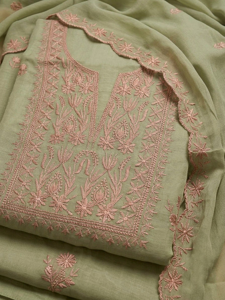 Pista Green Chanderi Embroidered Unstitched Dress Material