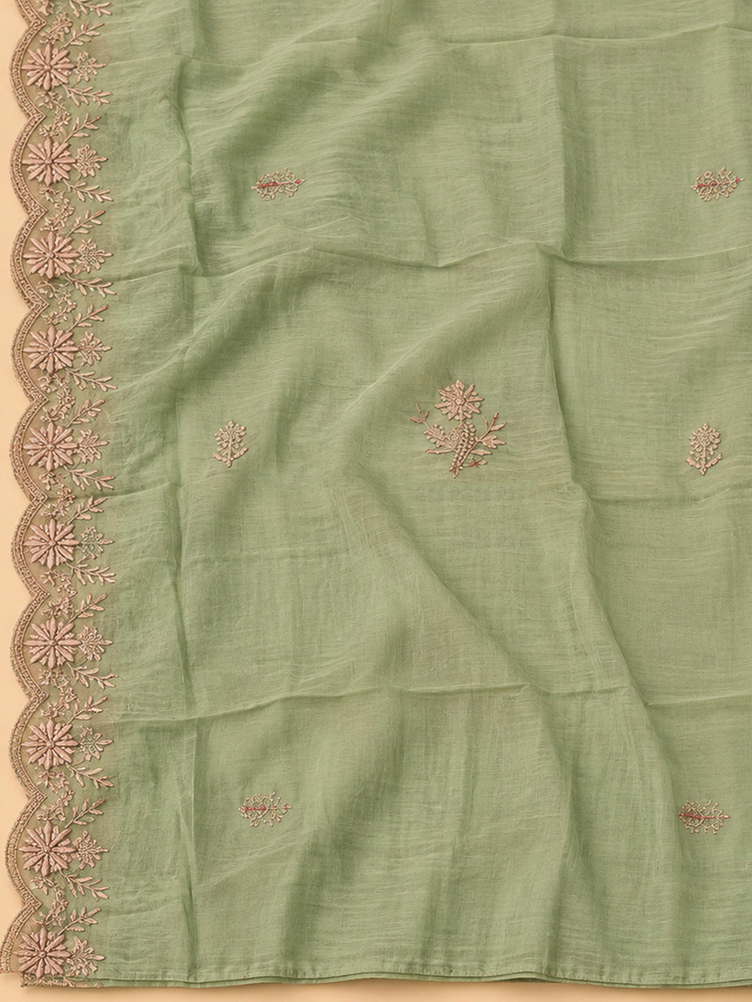 Pista Green Chanderi Embroidered Unstitched Dress Material