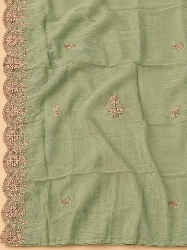 Pista Green Chanderi Embroidered Unstitched Dress Material
