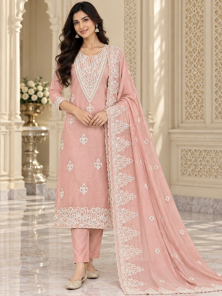 Peach Chanderi Embroidered Unstitched Dress Material