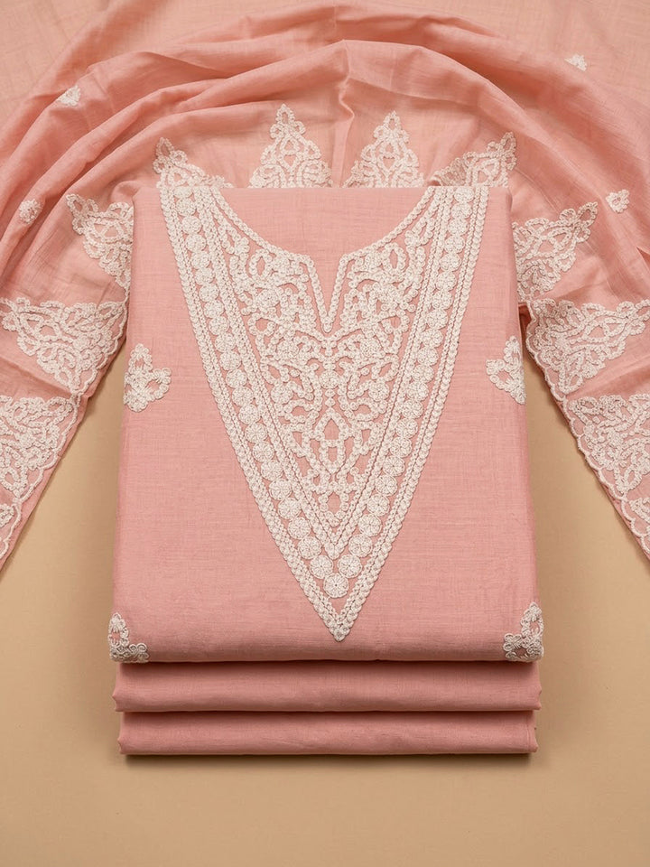 Peach Chanderi Embroidered Unstitched Dress Material