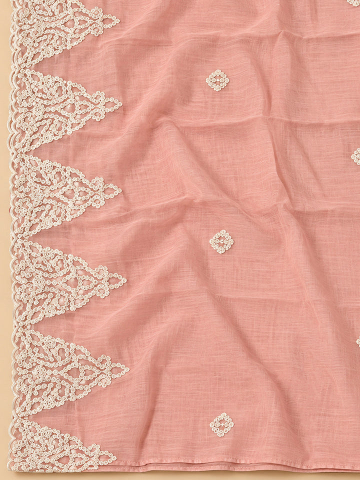 Peach Chanderi Embroidered Unstitched Dress Material