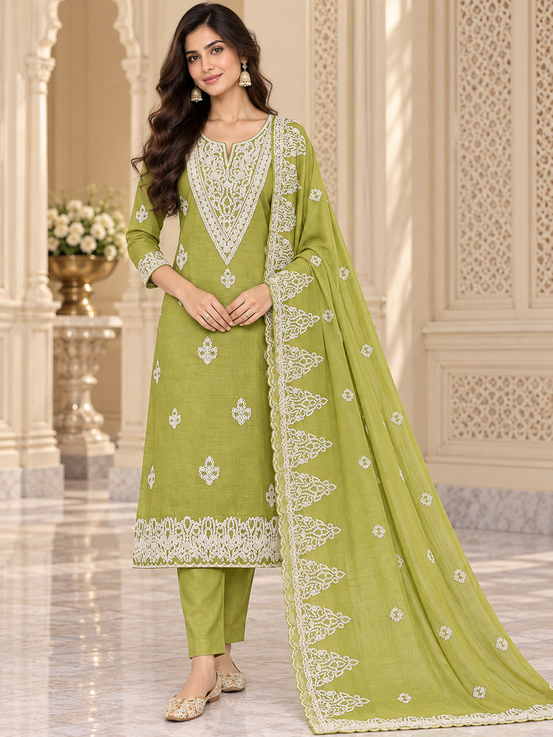 Pista Green Chanderi Embroidered Unstitched Dress Material