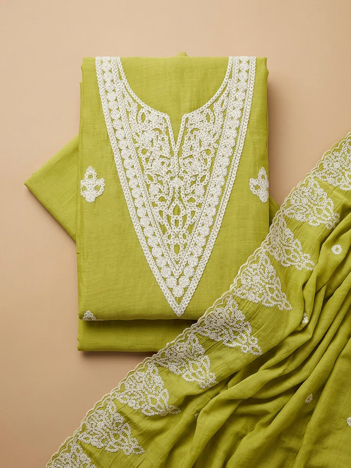 Pista Green Chanderi Embroidered Unstitched Dress Material