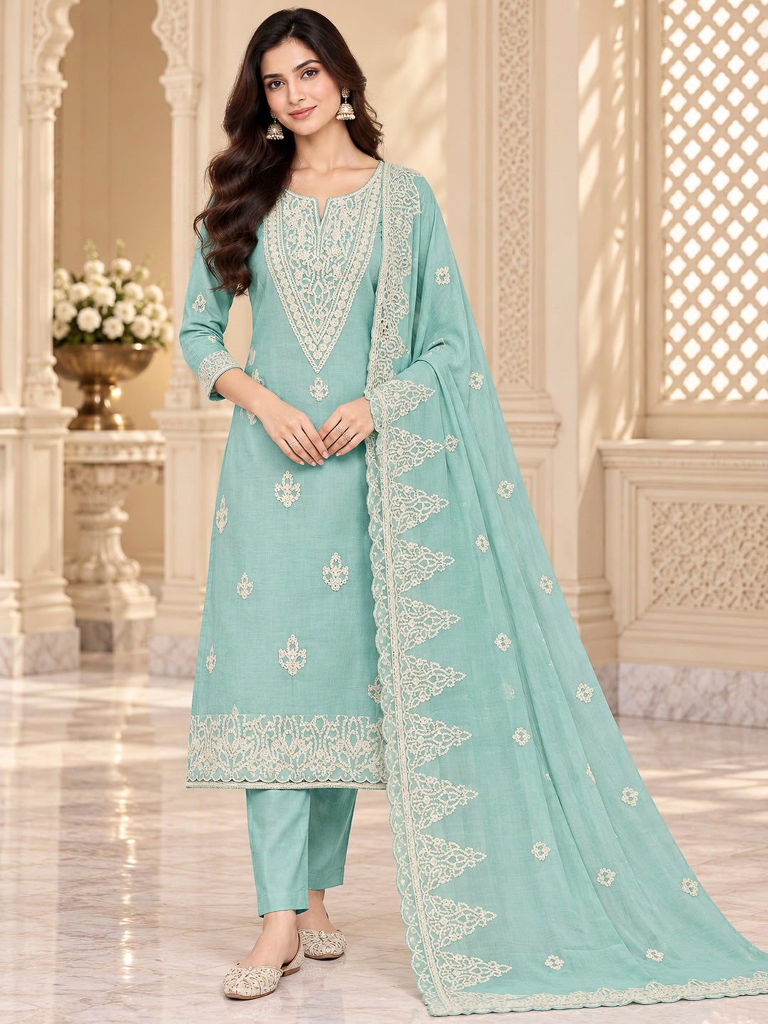 Sea Green Chanderi Embroidered Unstitched Dress Material
