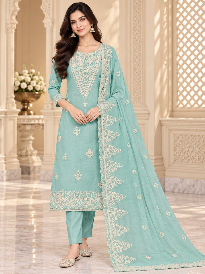 Sea Green Chanderi Embroidered Unstitched Dress Material