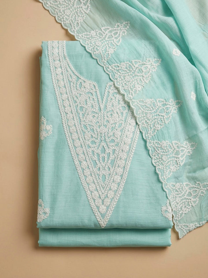 Sea Green Chanderi Embroidered Unstitched Dress Material