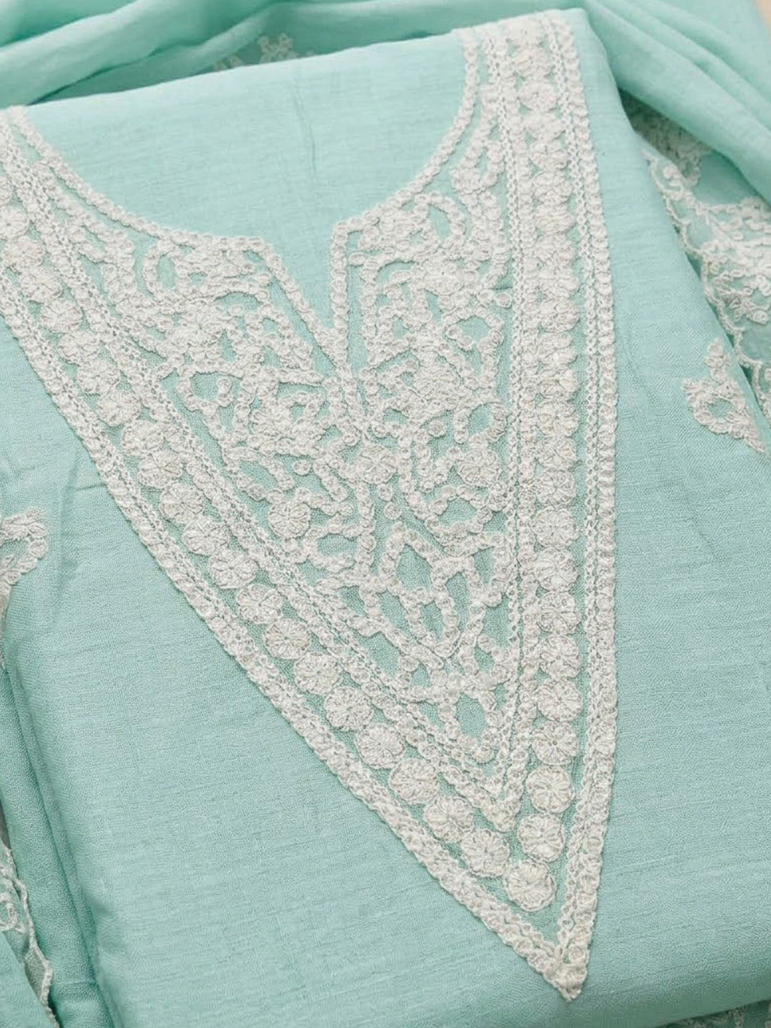 Sea Green Chanderi Embroidered Unstitched Dress Material