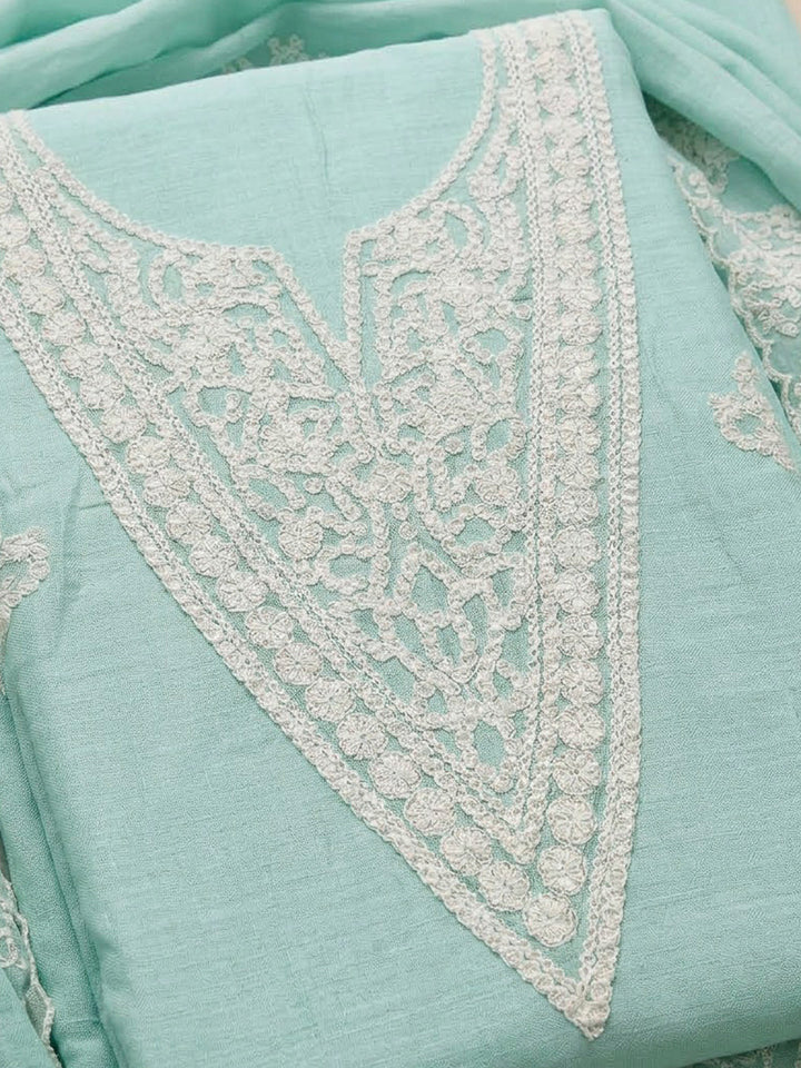 Sea Green Chanderi Embroidered Unstitched Dress Material