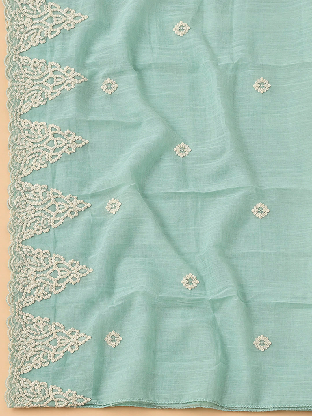 Sea Green Chanderi Embroidered Unstitched Dress Material