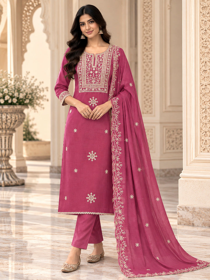 Onion Pink Chanderi Embroidered Unstitched Dress Material