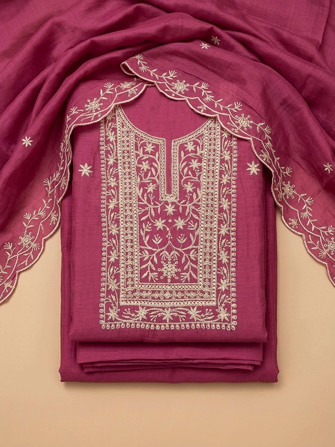 Onion Pink Chanderi Embroidered Unstitched Dress Material