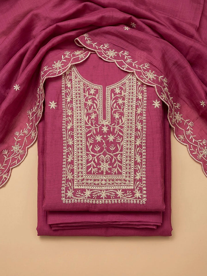 Onion Pink Chanderi Embroidered Unstitched Dress Material
