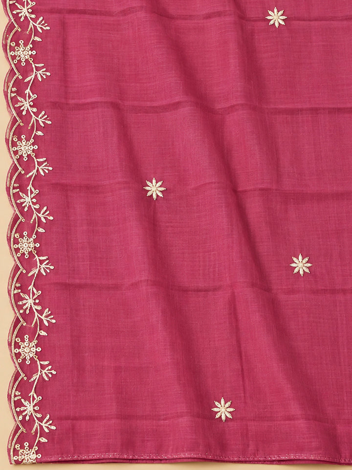 Onion Pink Chanderi Embroidered Unstitched Dress Material
