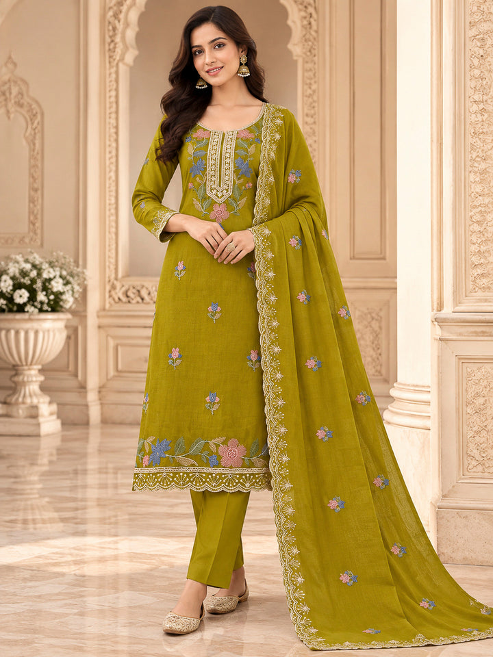 Mehndi Cotton Blend Embroidered Unstitched Dress Material