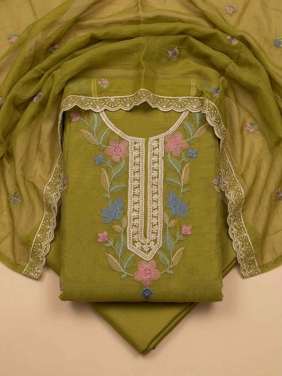 Mehndi Cotton Blend Embroidered Unstitched Dress Material