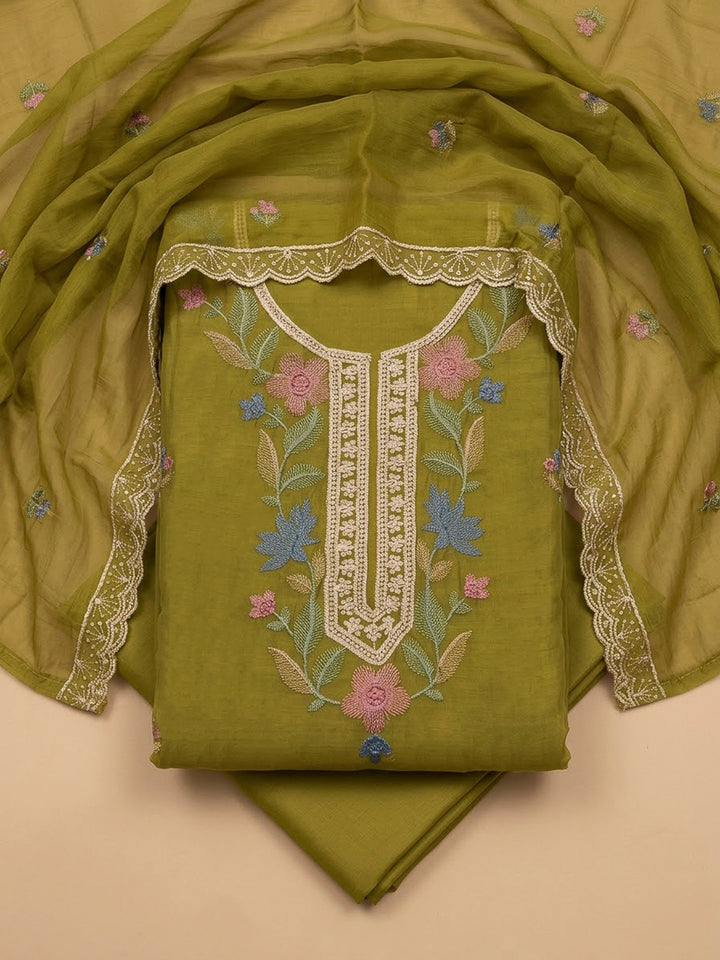 Mehndi Cotton Blend Embroidered Unstitched Dress Material
