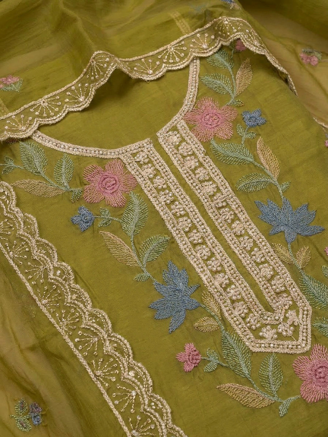 Mehndi Cotton Blend Embroidered Unstitched Dress Material