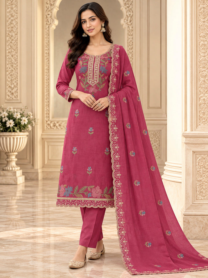 Onion Pink Cotton Blend Embroidered Unstitched Dress Material
