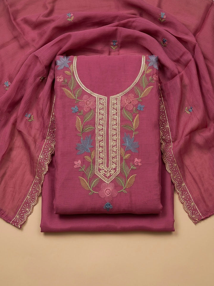 Onion Pink Cotton Blend Embroidered Unstitched Dress Material