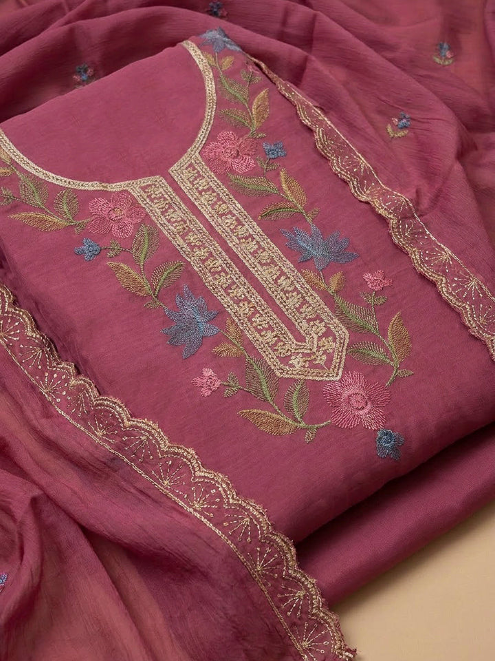 Onion Pink Cotton Blend Embroidered Unstitched Dress Material