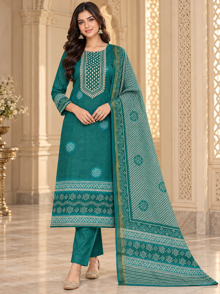 Green Chanderi Embroidered Unstitched Dress Material